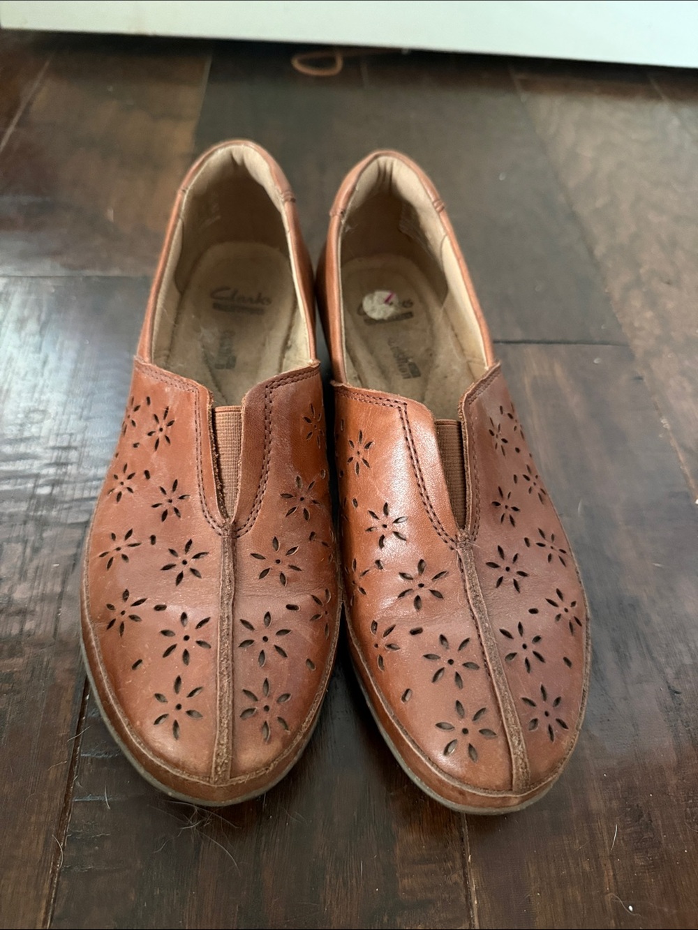 Women’s Clarks Tan/brown Floral Perforated Leather Slip-Ons